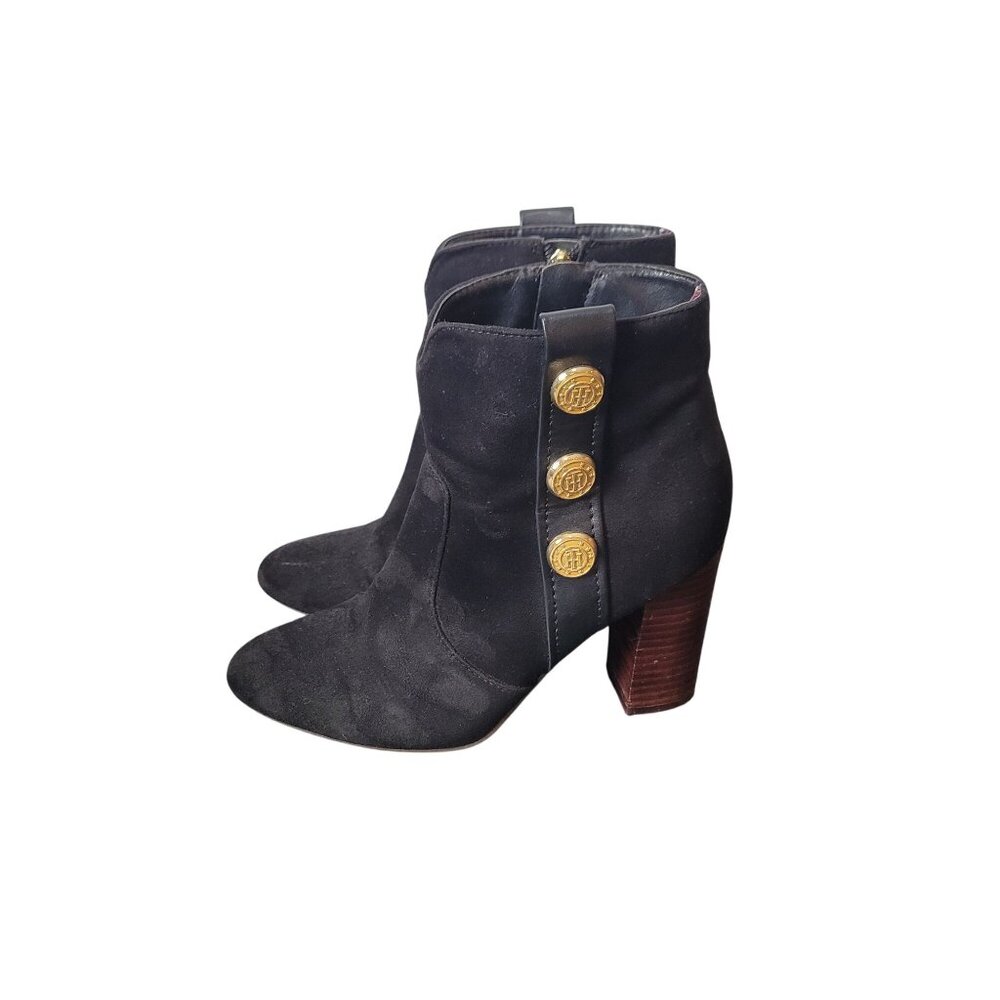 Tommy Hilfiger Domain 3 Black Suede Short Boots W/ Gold Buttons & Side Zippers S - Picture 5 of 12